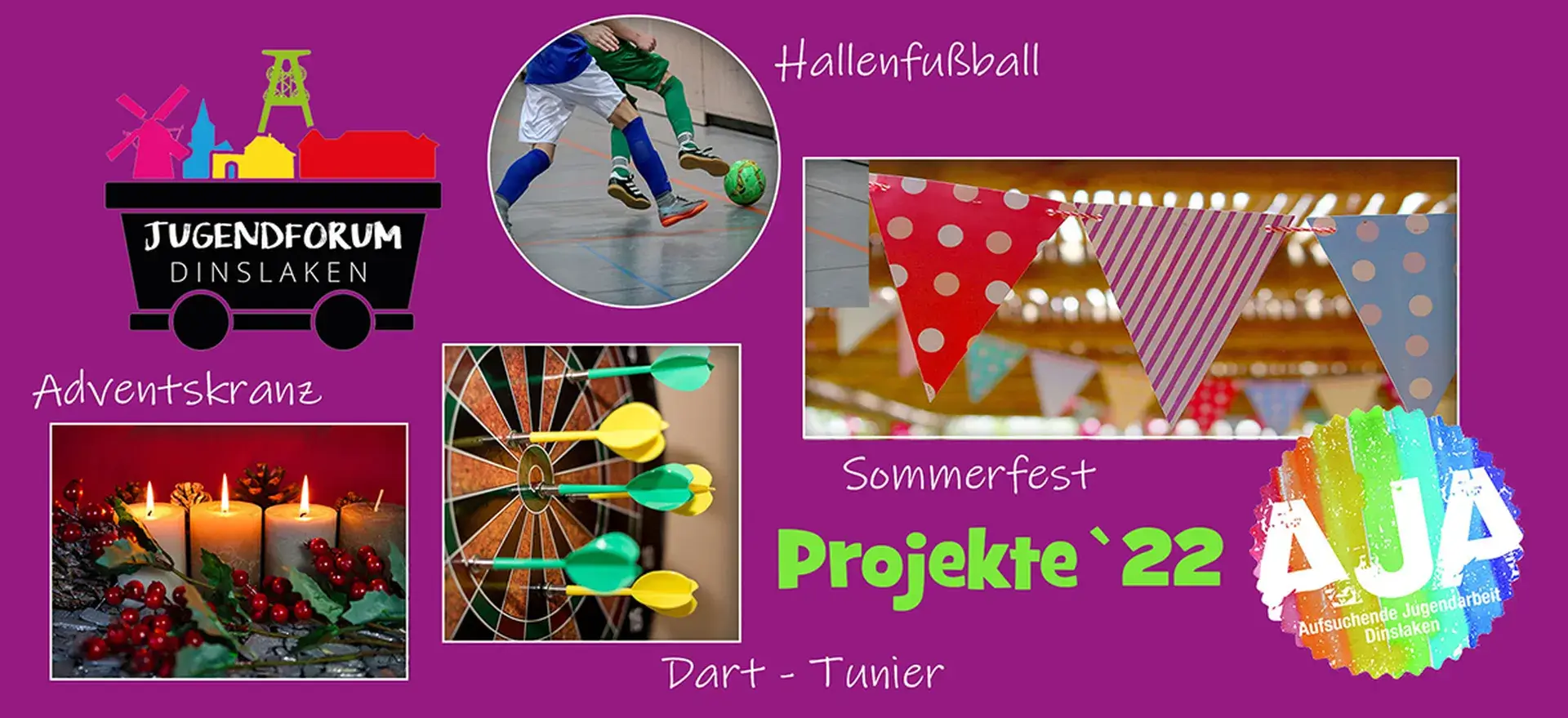Eine Collage aus verschiedenen Elementen. Es werden die einzelnen Aktivitäten und Projekte auf einer farbigen Fläche in Ausschnitten (Gucklöcher) dargestellt. Es sind Hallenfußball, Dartturnier, Sommerfest, Vorweihnachtliches Basteln … Außerdem die Logos des Jugendforum Dinslaken und der AJA (das bedeutet: Aufsuchende Jugendarbeit) der Diakonie