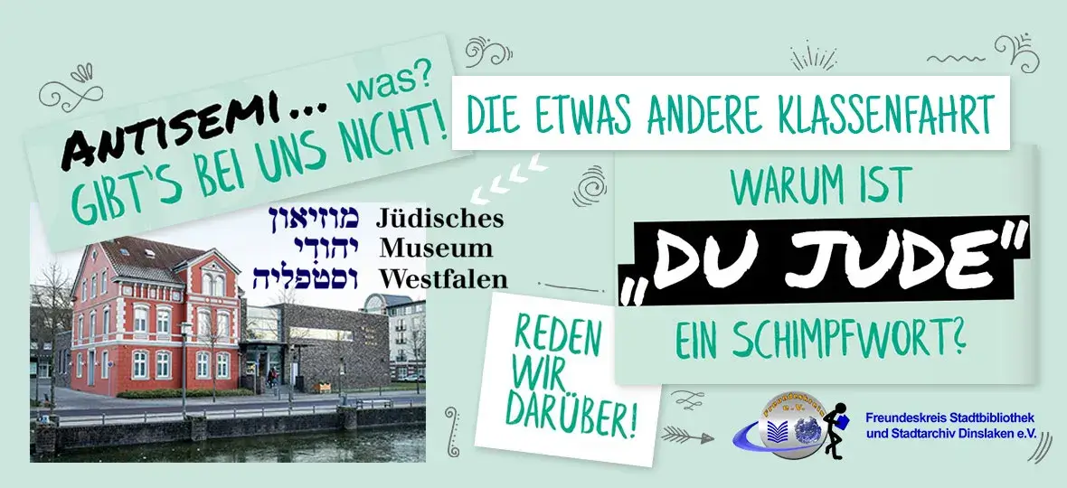 Die Abbildung ist eine Collage aus verschiedenen Elementen. Zum Einen ein Foto vom Jüdischen Museum in Dorsten, zum Anderen einige Textschnipsel, die sich mit dem jüdisch sein heute beschäftigen und ein paar kleinen Schmuckelementen ….