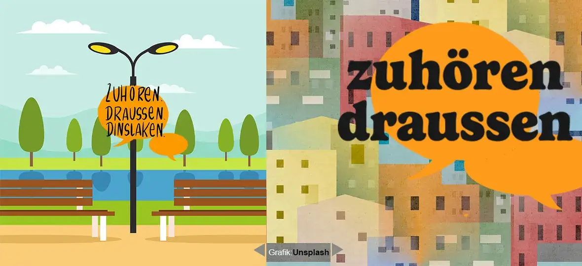 „Zweiteiliges Grafikmotiv: Links eine Illustration eines Parks mit Bänken, Bäumen, Wasser und einer Straßenlaterne, an der orangefarbene Sprechblasen hängen, die den Schriftzug ‚ZUHÖREN DRAUSSEN DINSLAGEN‘ tragen. Rechts eine farbige Collage aus stilisierten Häusern mit großen orangefarbenen Sprechblasen und dem schwarzen Schriftzug ‚zuhören draussen‘. Beide Bildteile werben für das Projekt ‚Zuhören Draussen Dinslaken – Miteinander statt Einsamkeit‘.“